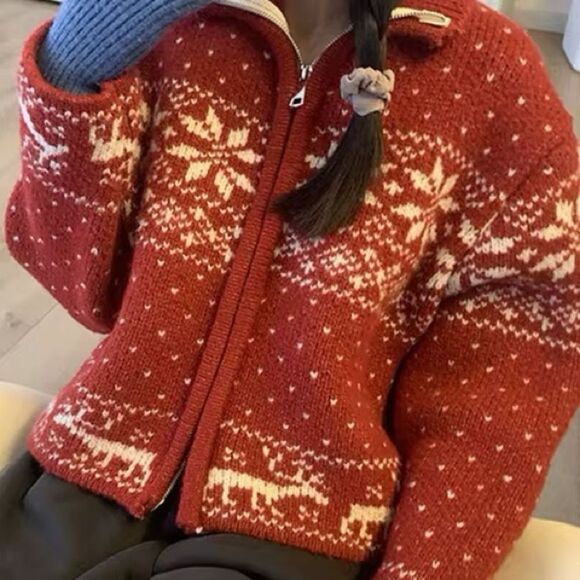 New Handmade Nordic Fair Isle Cropped Cardigan Two way zipper Sz L - Picture 2 of 6